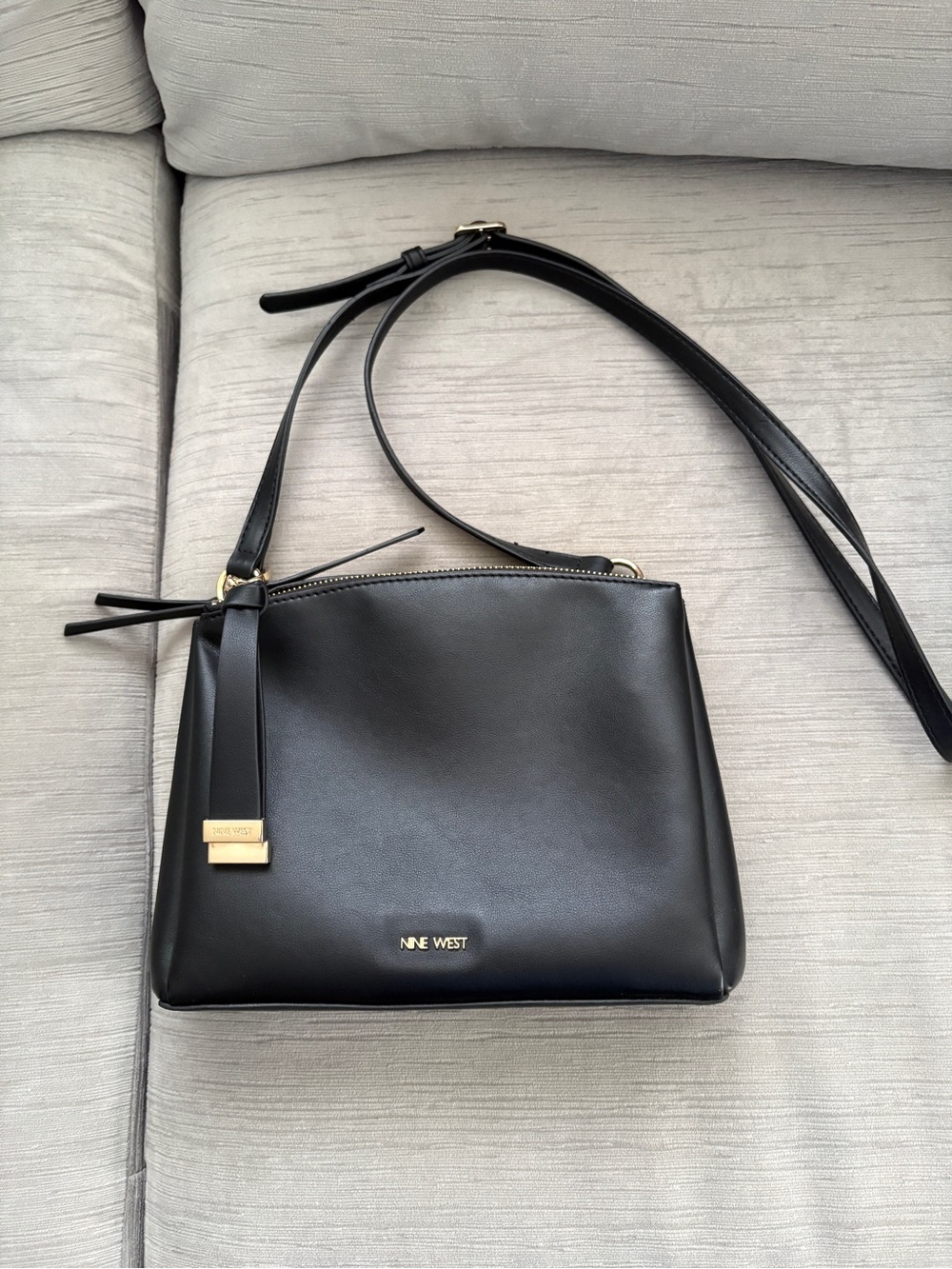 Nine West Black Leather Crossbody with Gold Accents and Three Compartments
